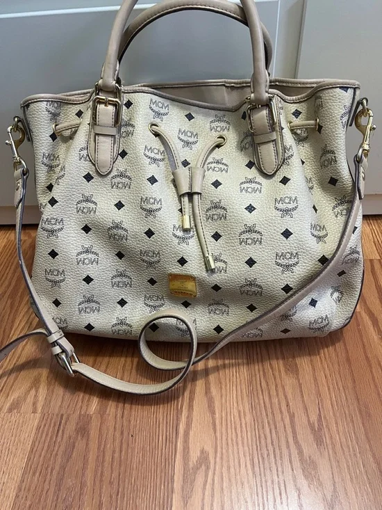 MCM Beige Logo Drawstring Tote with Gold Hardware - Picture 12 of 13